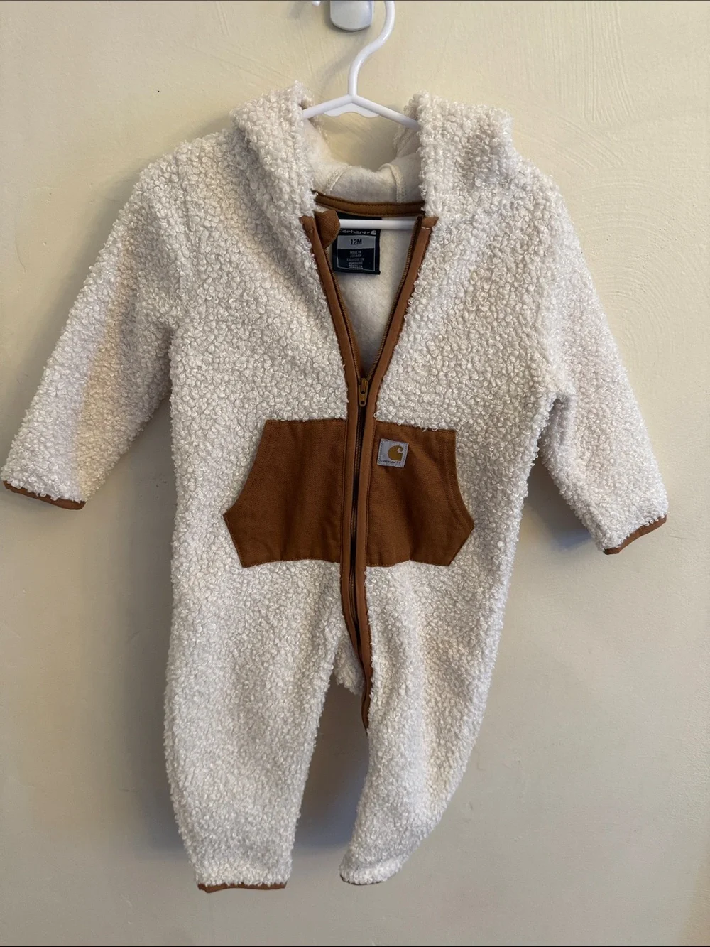 Carhartt Cream Sherpa Hooded One-Piece with Brown Pocket Trim